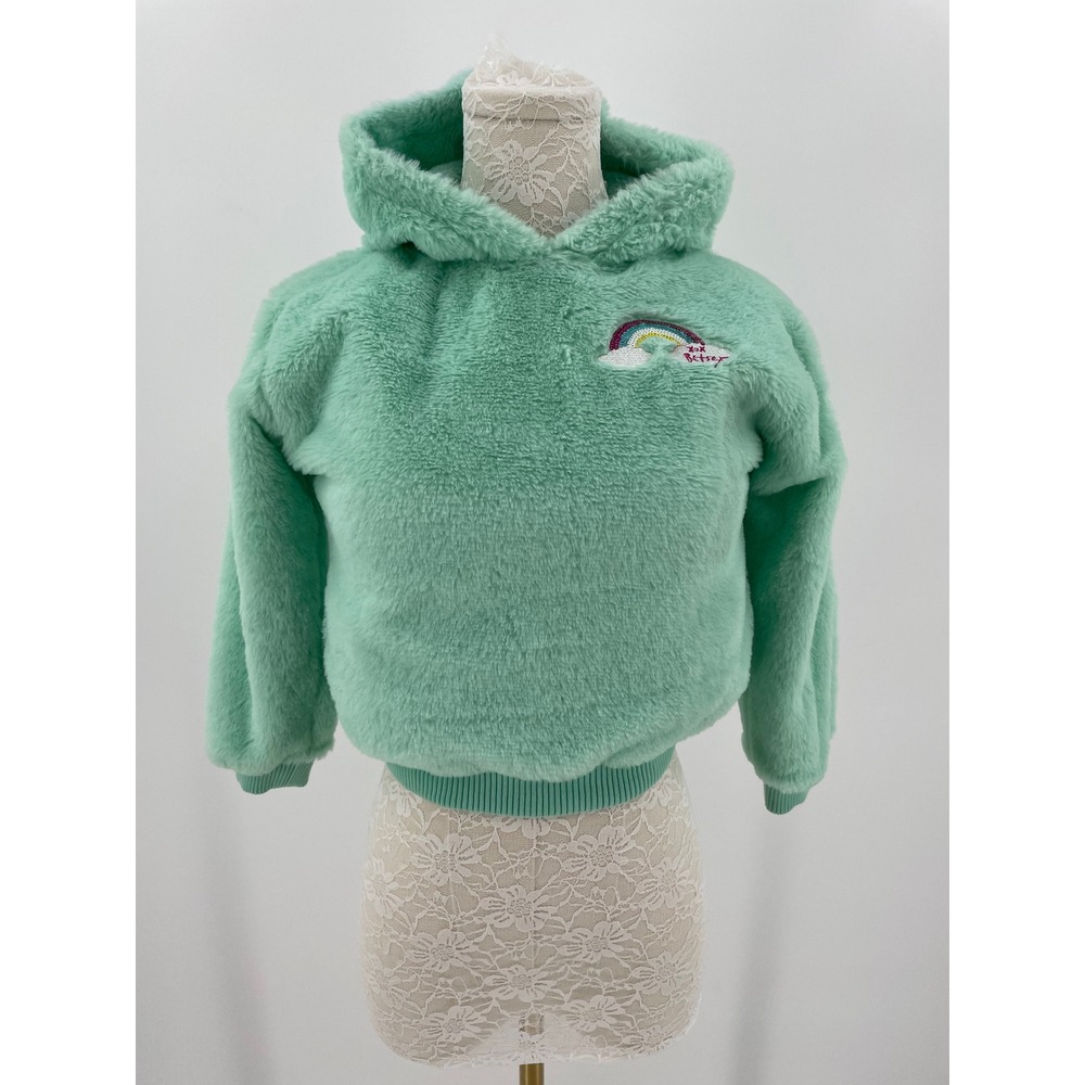 Betsey Johnson Girls XS Mint Faux Fur Hoodie Rainbow Sequin Dream Pullover